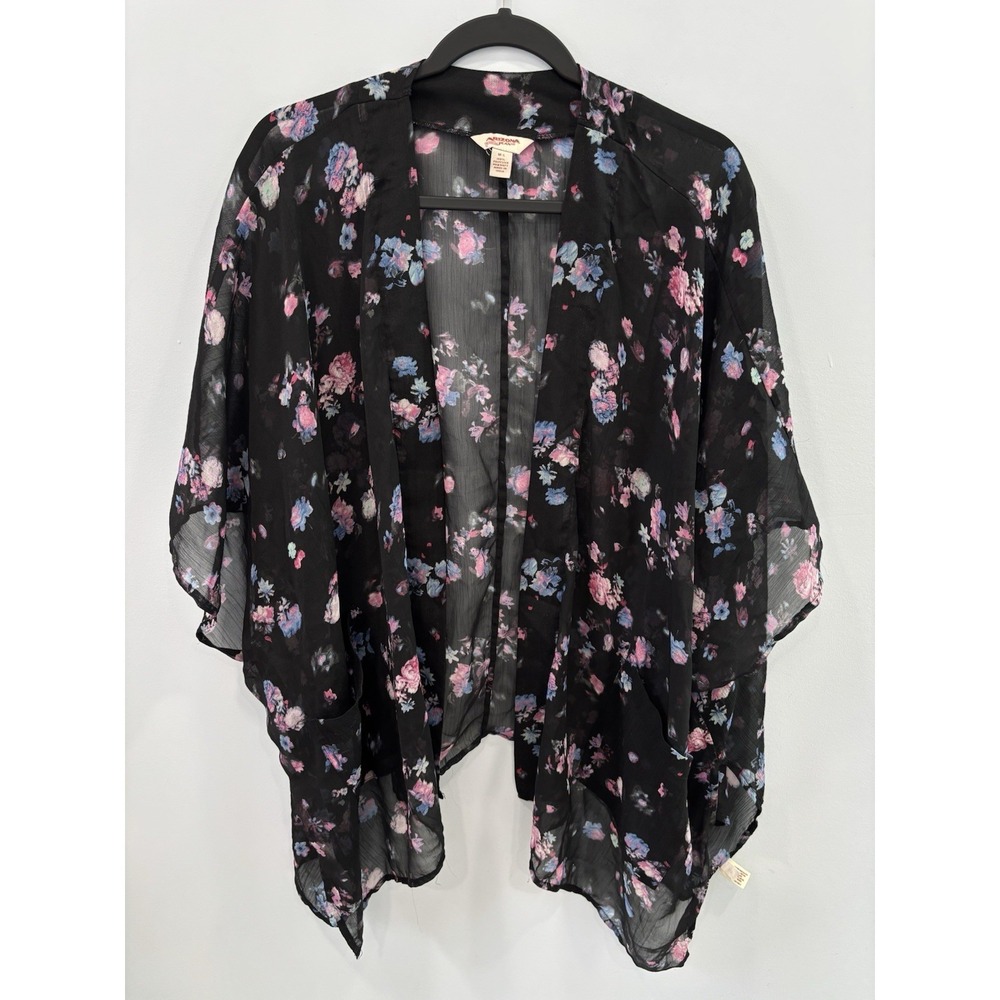 Arizona Jean Co Floral Kimono Cardigan M/L Black Sheer Boho Lightweight Layer